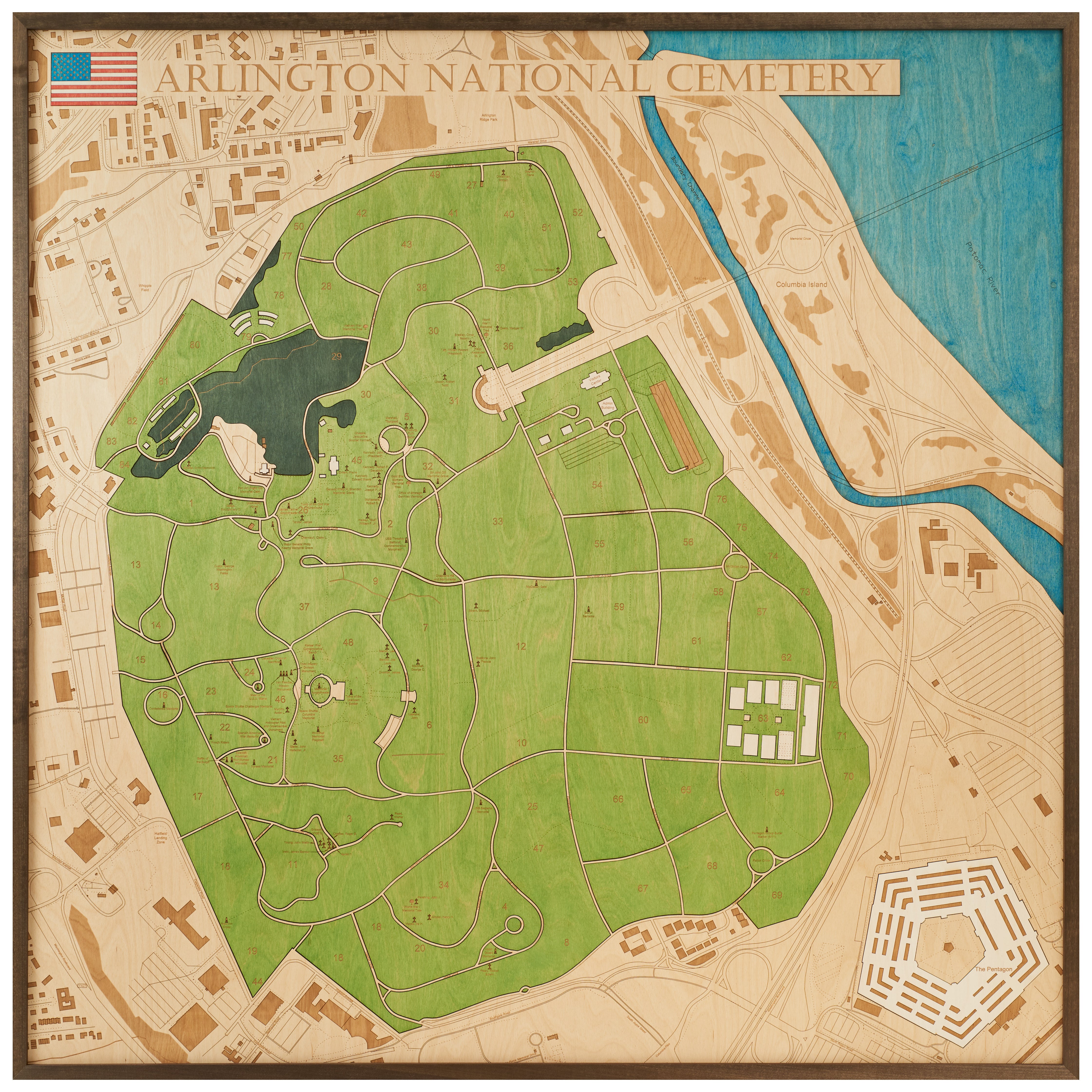 ARLINGTON NATIONAL CEMETERY - 3D WOODEN WALL MAP - Version XL
