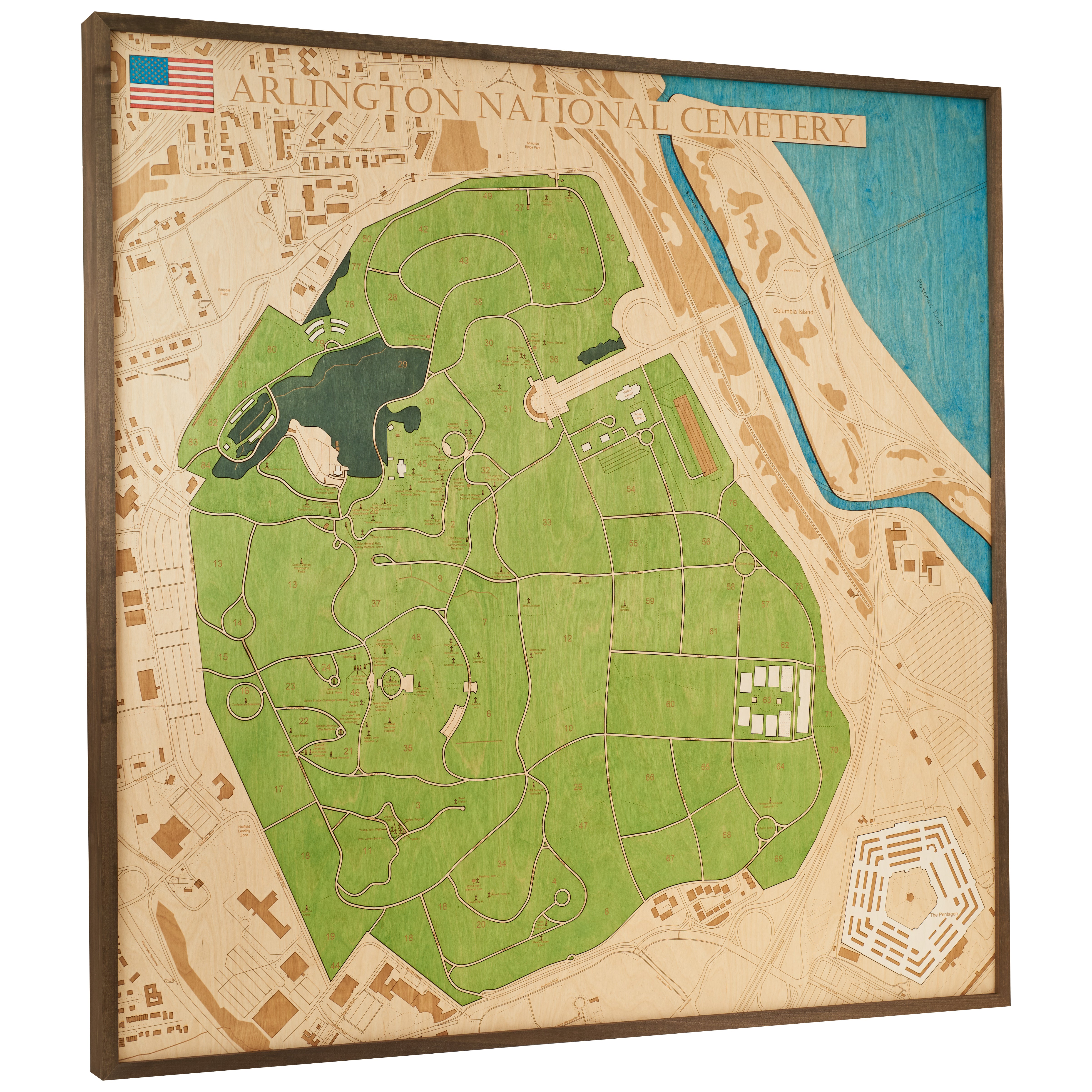 ARLINGTON NATIONAL CEMETERY - 3D WOODEN WALL MAP - Version XL