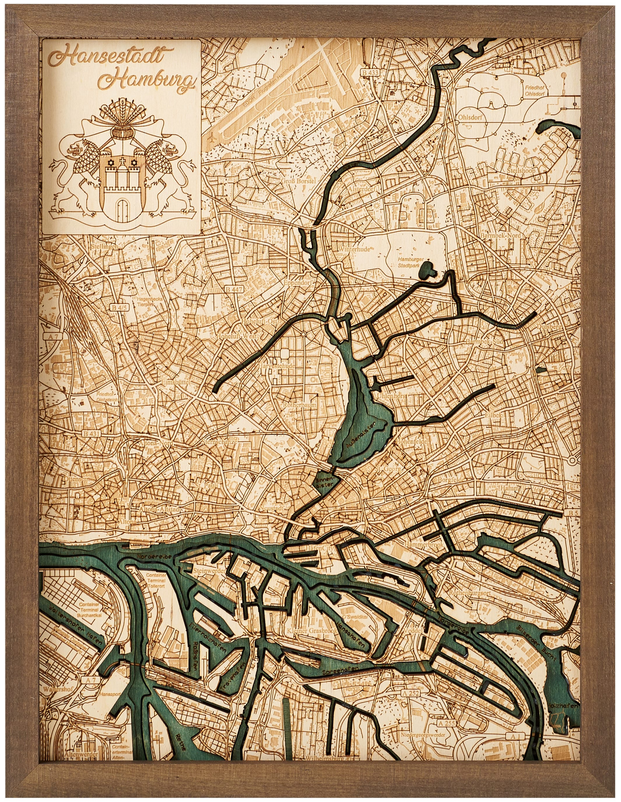 HAMBURG 3D WOODEN WALL MAP - Version S