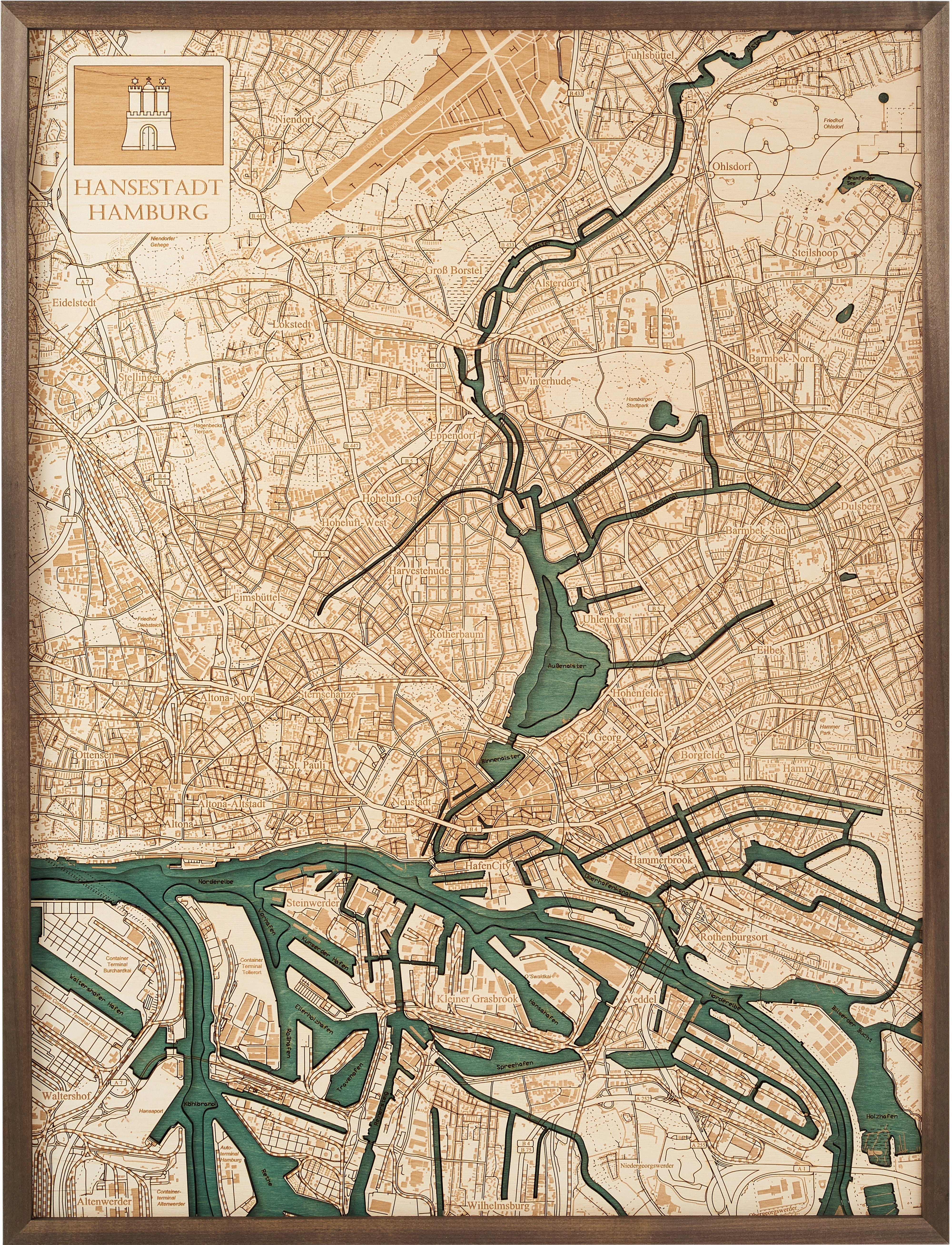 HAMBURG 3D WOODEN WALL MAP - Version L