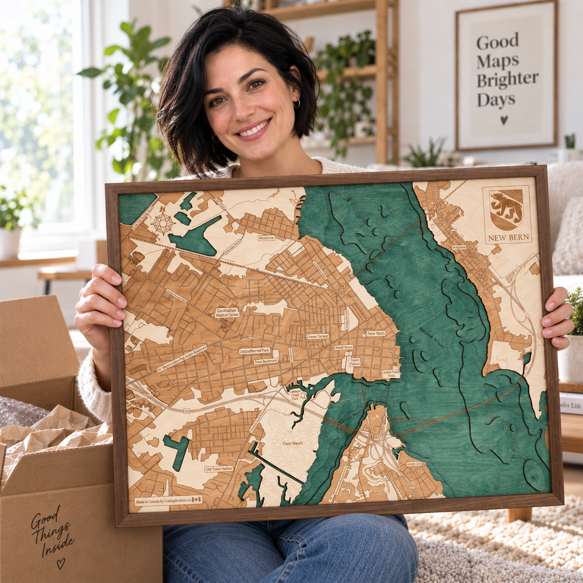 NEW BERN 3D WOODEN WALL MAP - Version L