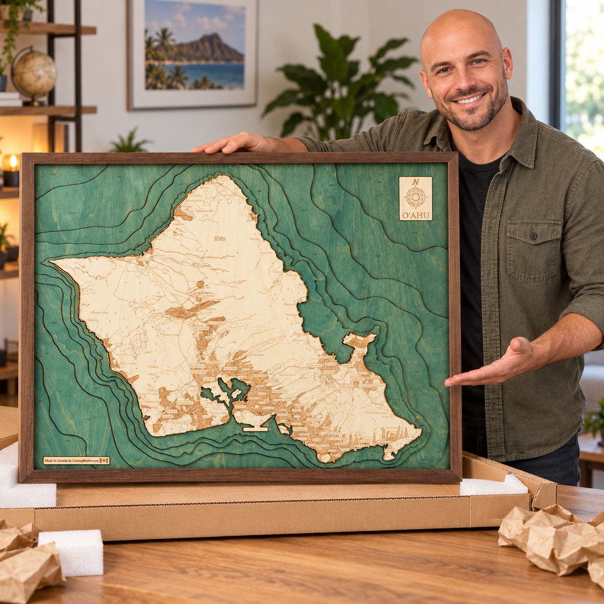 OAHU 3D WOODEN WALL MAP - Version L