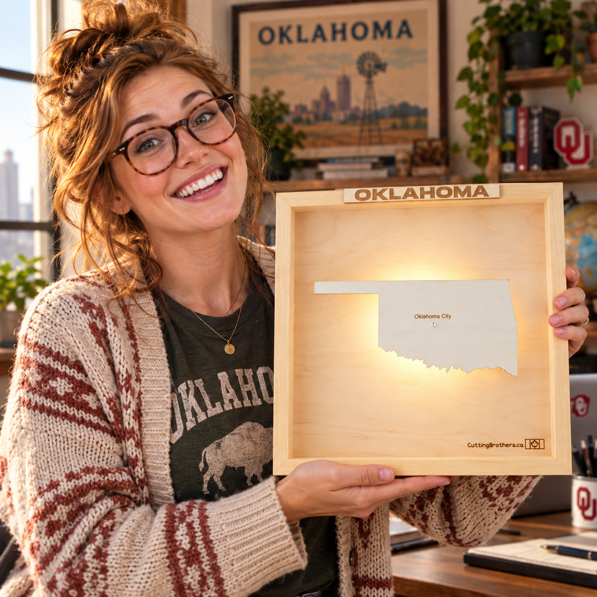 OKLAHOMA LED LIGHT WOODEN WALL MAP - Version S