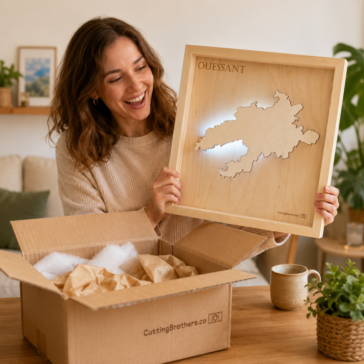 OUESSANT - LED LIGHT WOODEN WALL MAP - Version S