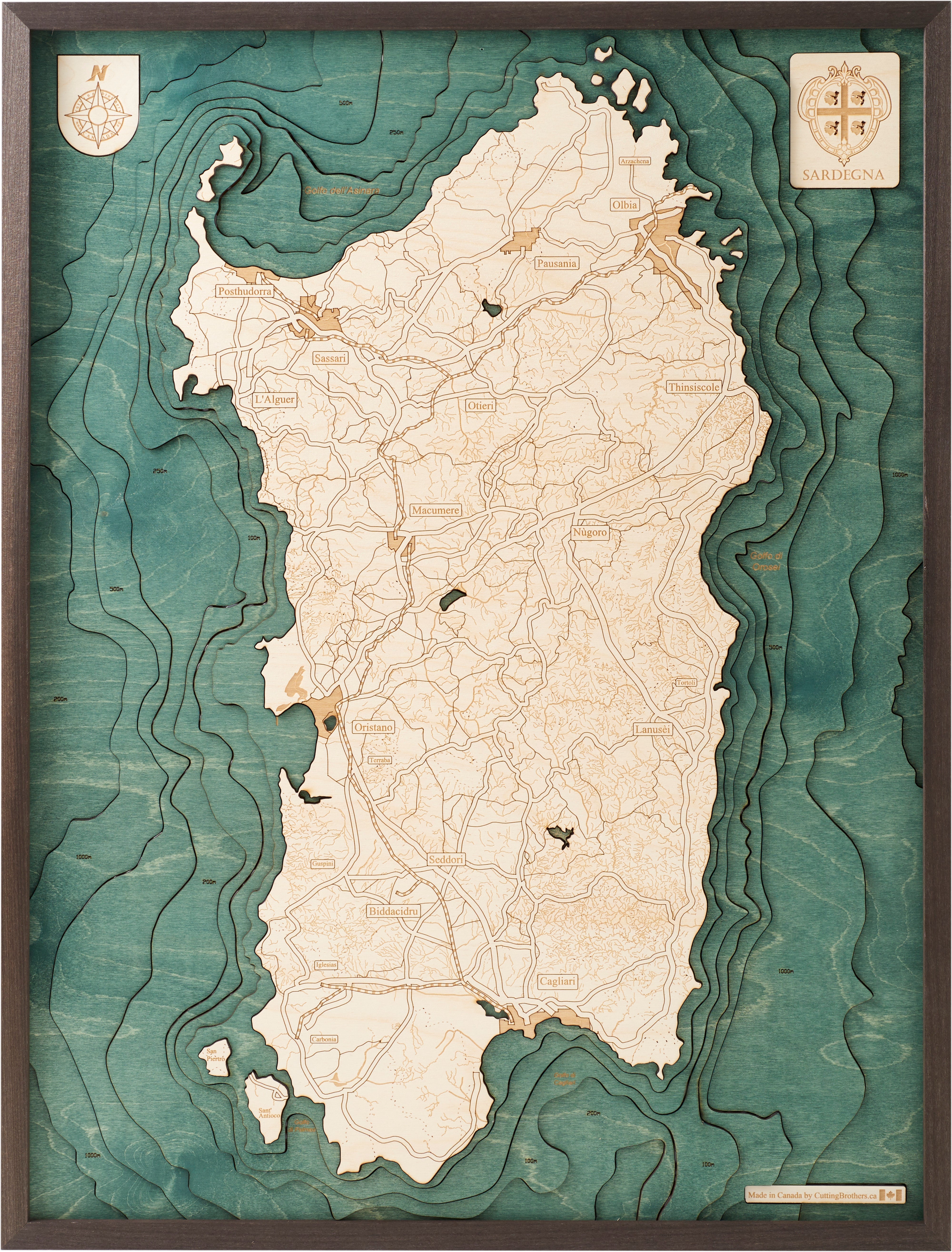 SARDINIA 3D WOODEN WALL MAP - Version L