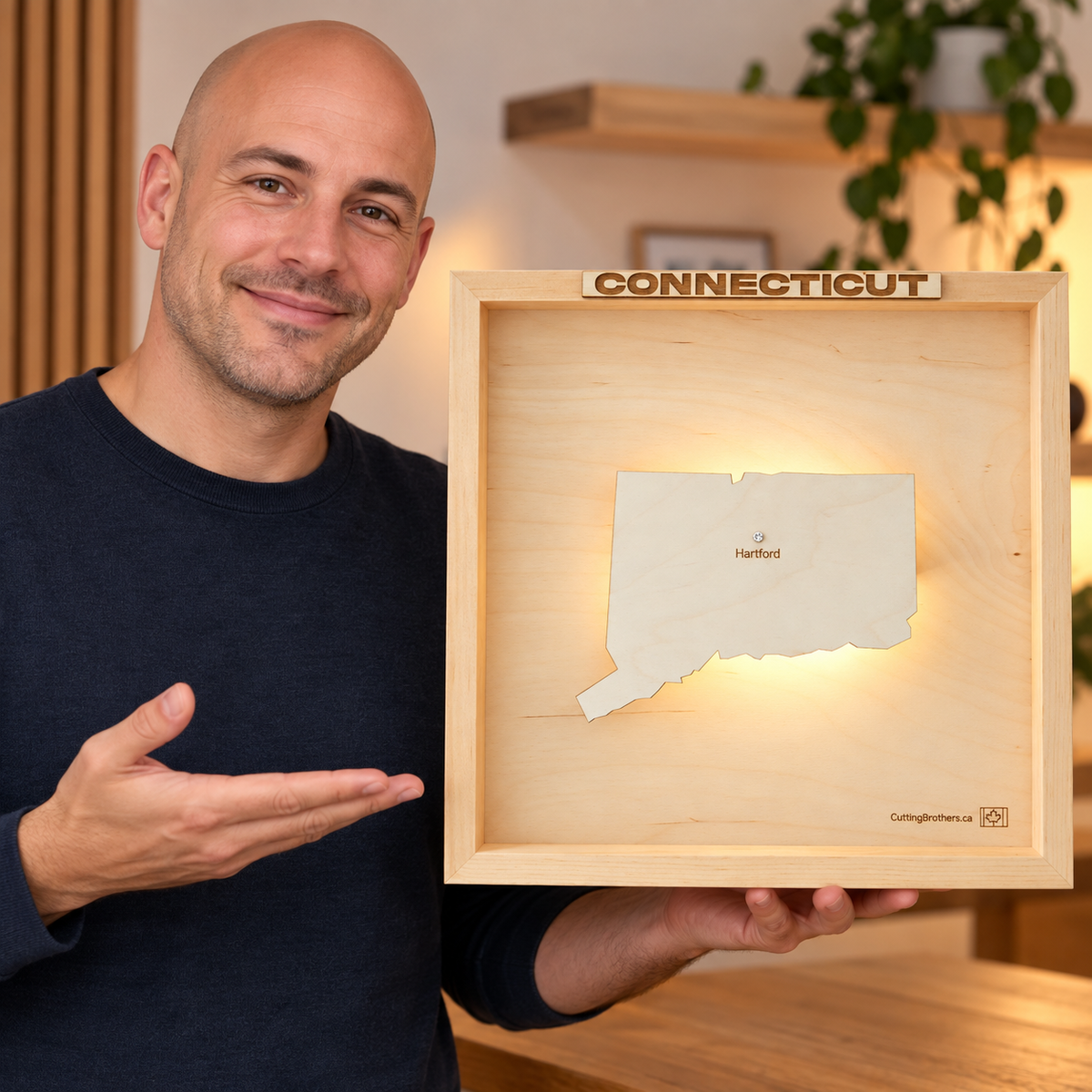 CONNETICUT LED LIGHT WOODEN WALL MAP - Version S