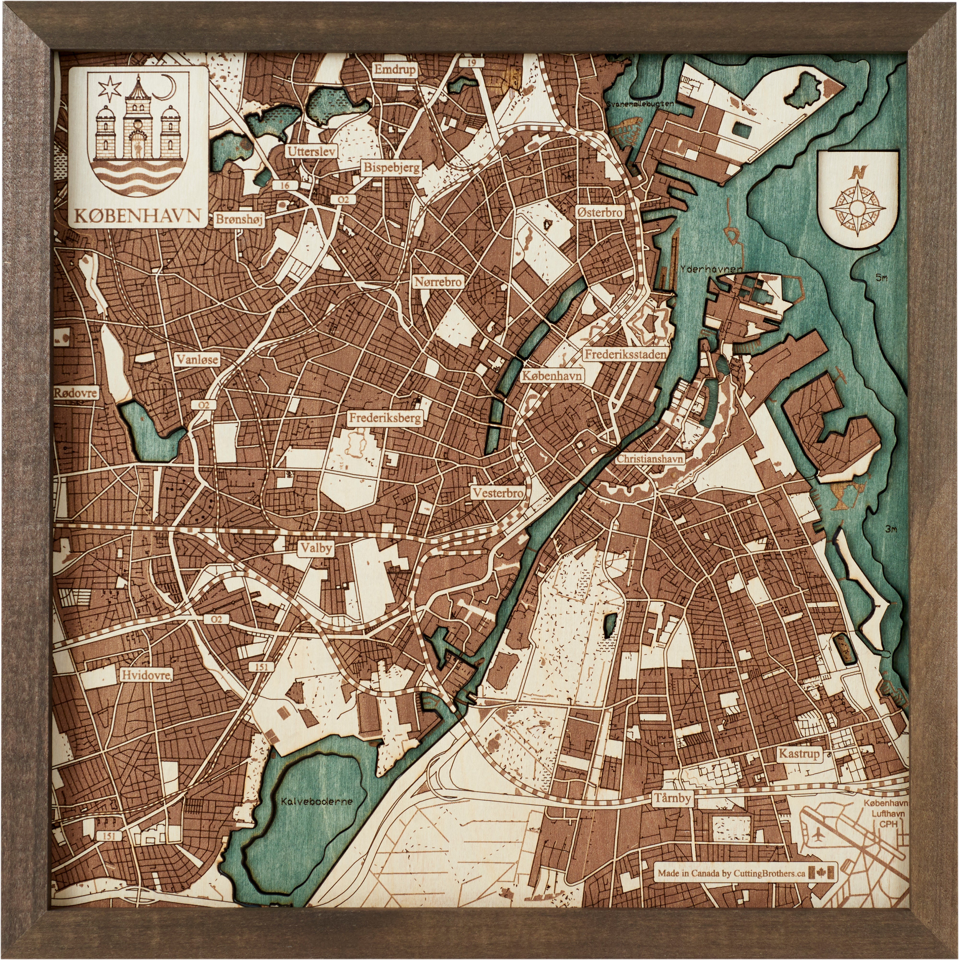 COPENHAGEN 3D WOODEN WALL MAP - Version S