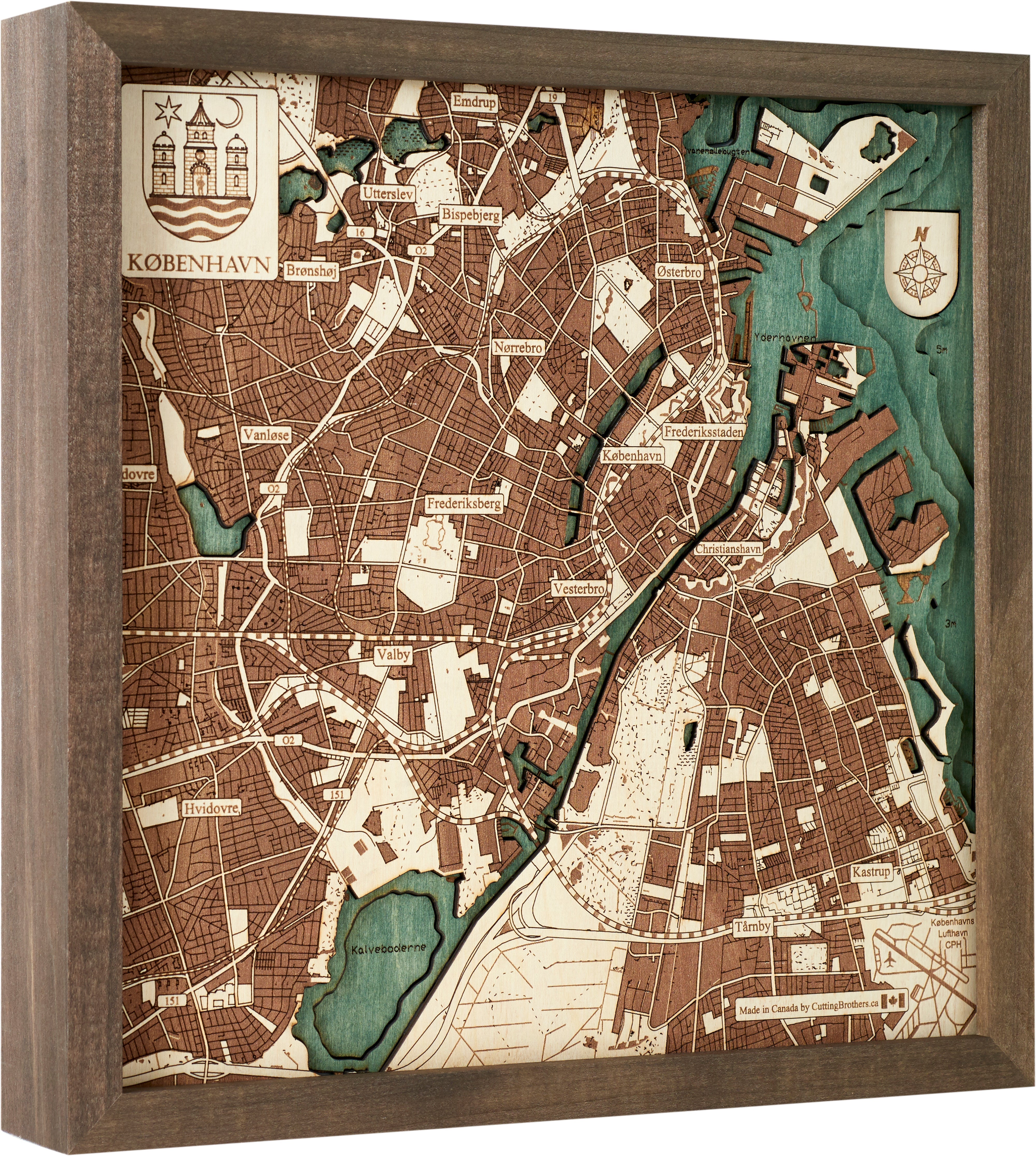 COPENHAGEN 3D WOODEN WALL MAP - Version S