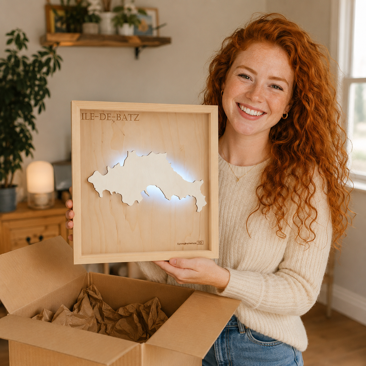 ILLE DE BATZ  -  LED LIGHT WOODEN WALL MAP - Version S