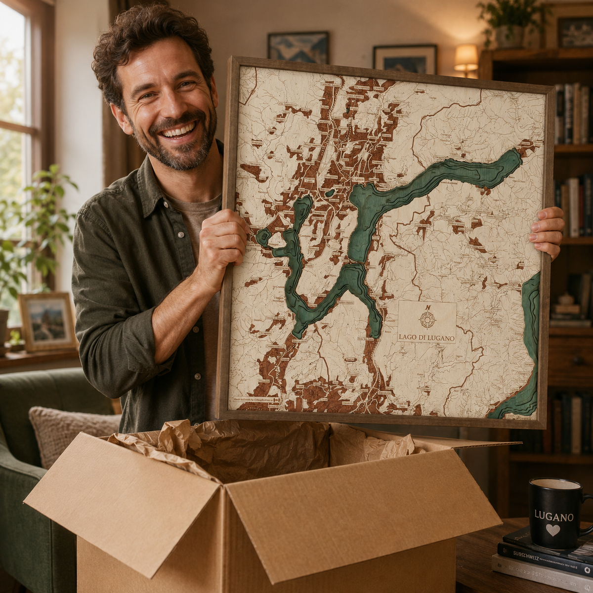 LAGO DI LUGANO 3D WOODEN WALL MAP - Version L