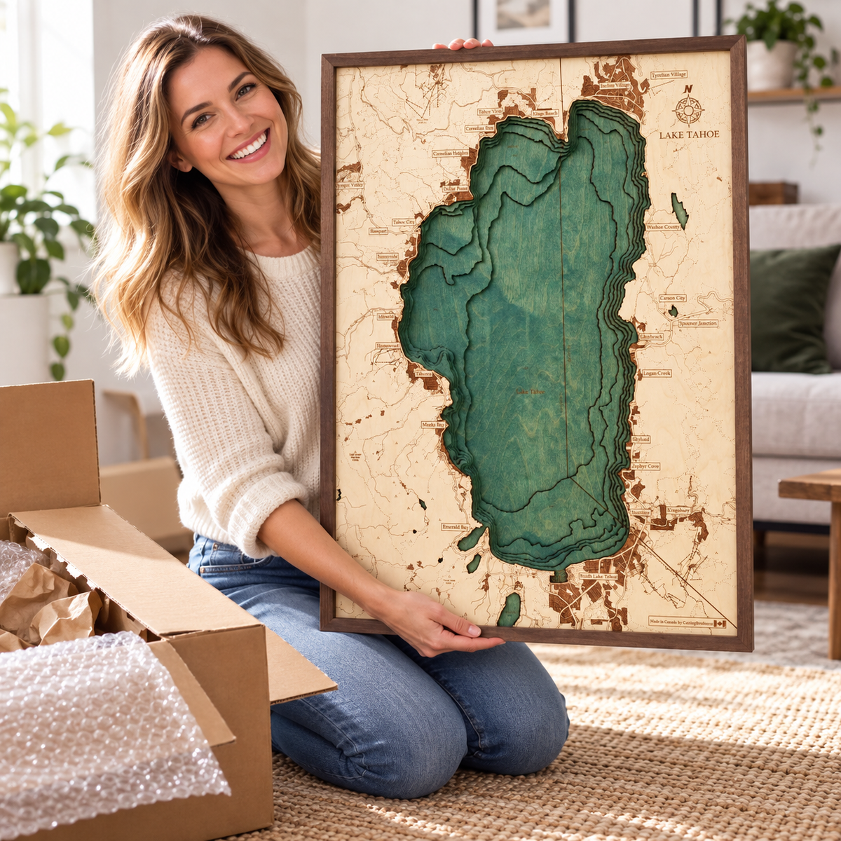 LAKE TAHOE 3D WOODEN WALL MAP - Version L