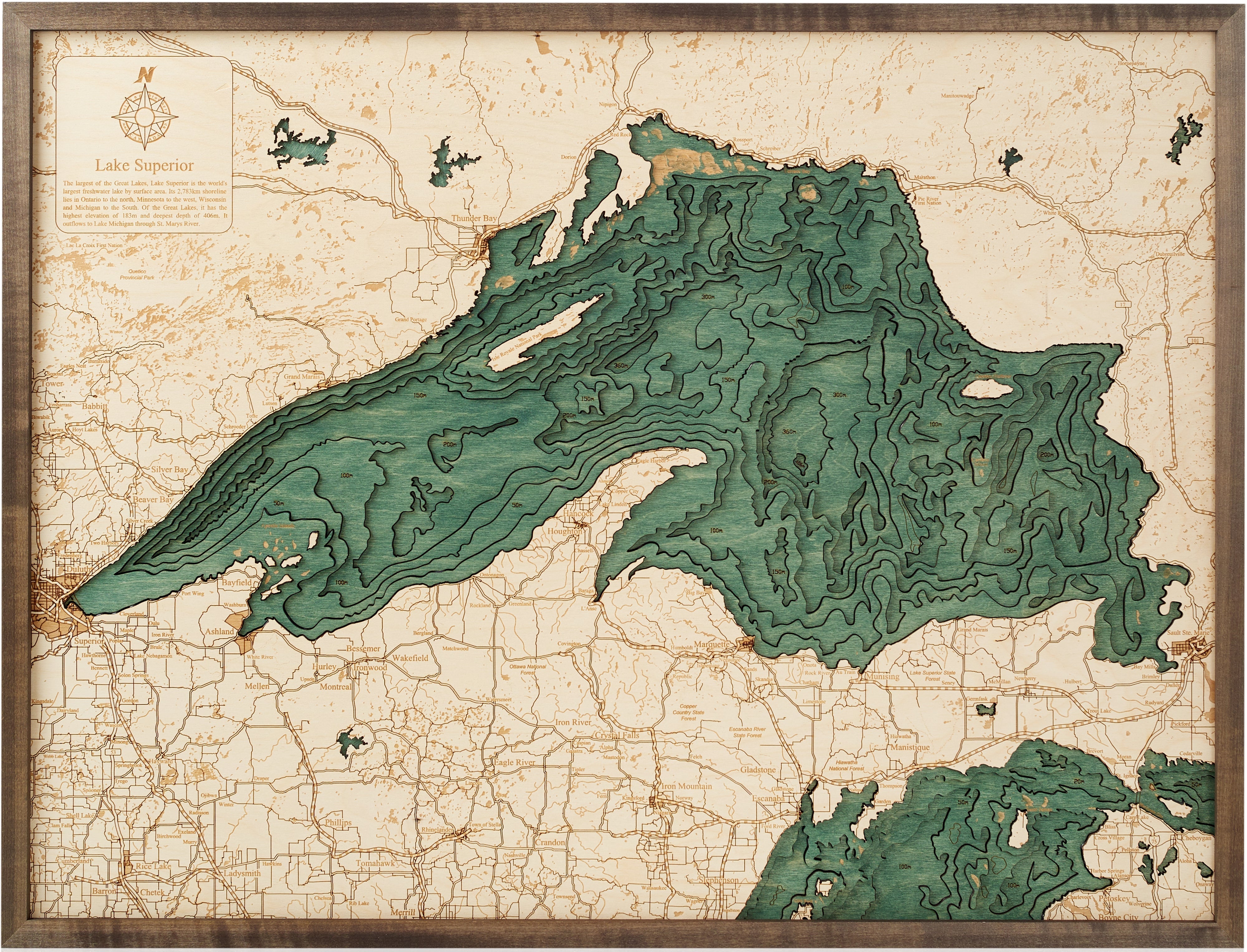 LAKE SUPERIOR 3D WOODEN WALL MAP - Version L