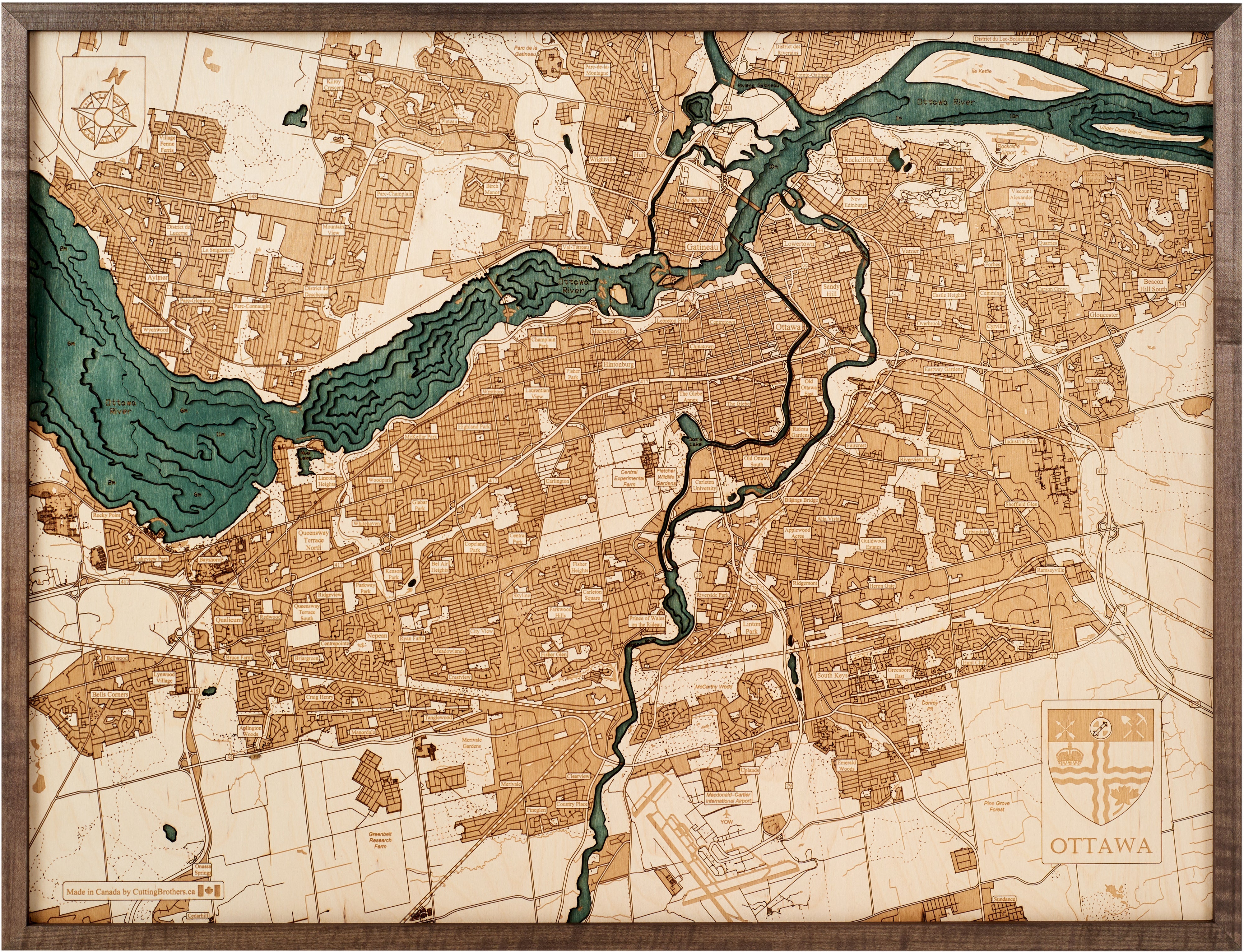 OTTAWA 3D WOODEN WALL MAP - Version L