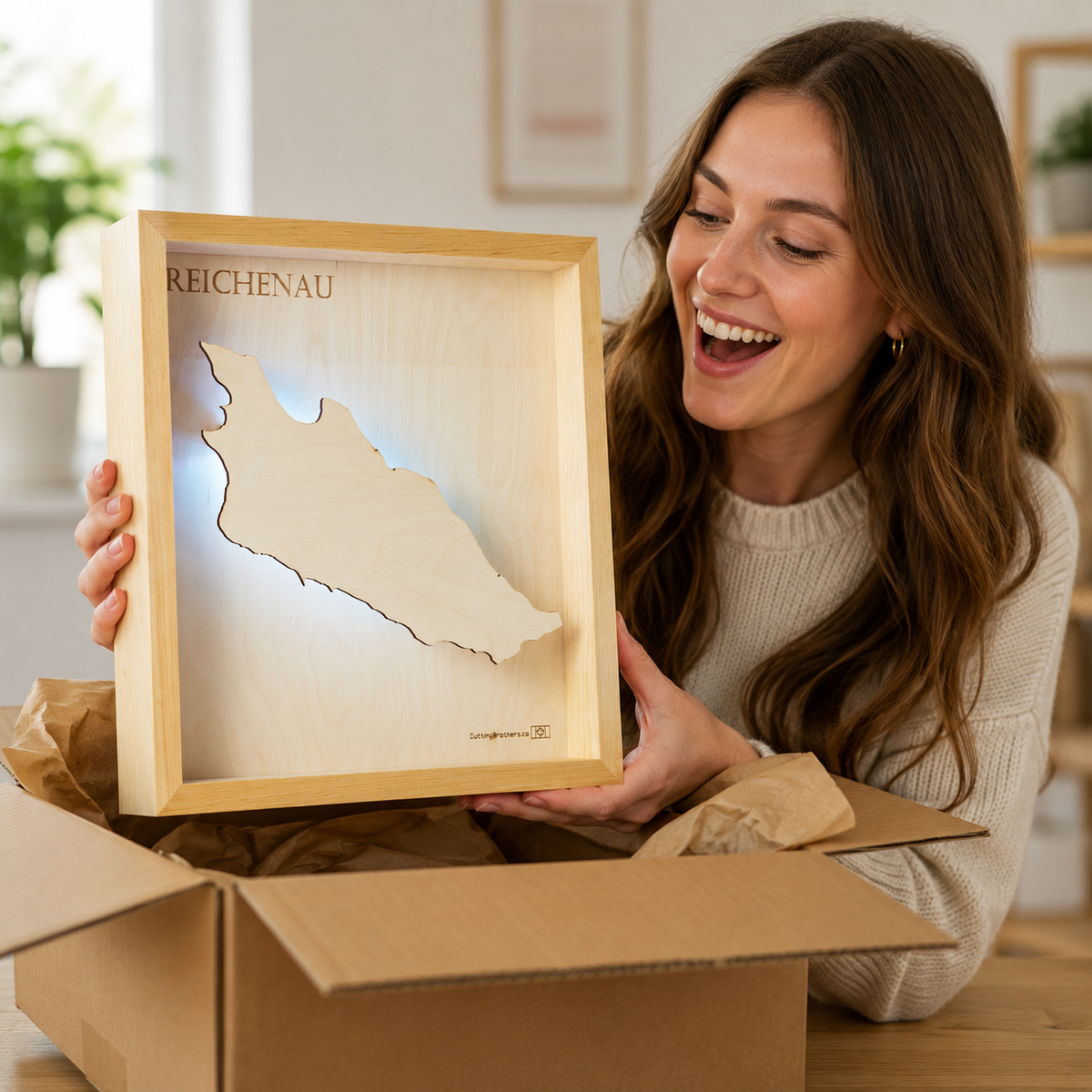 REICHENAU (Lake Constance)  -  LED LIGHT WOODEN WALL MAP - Version S