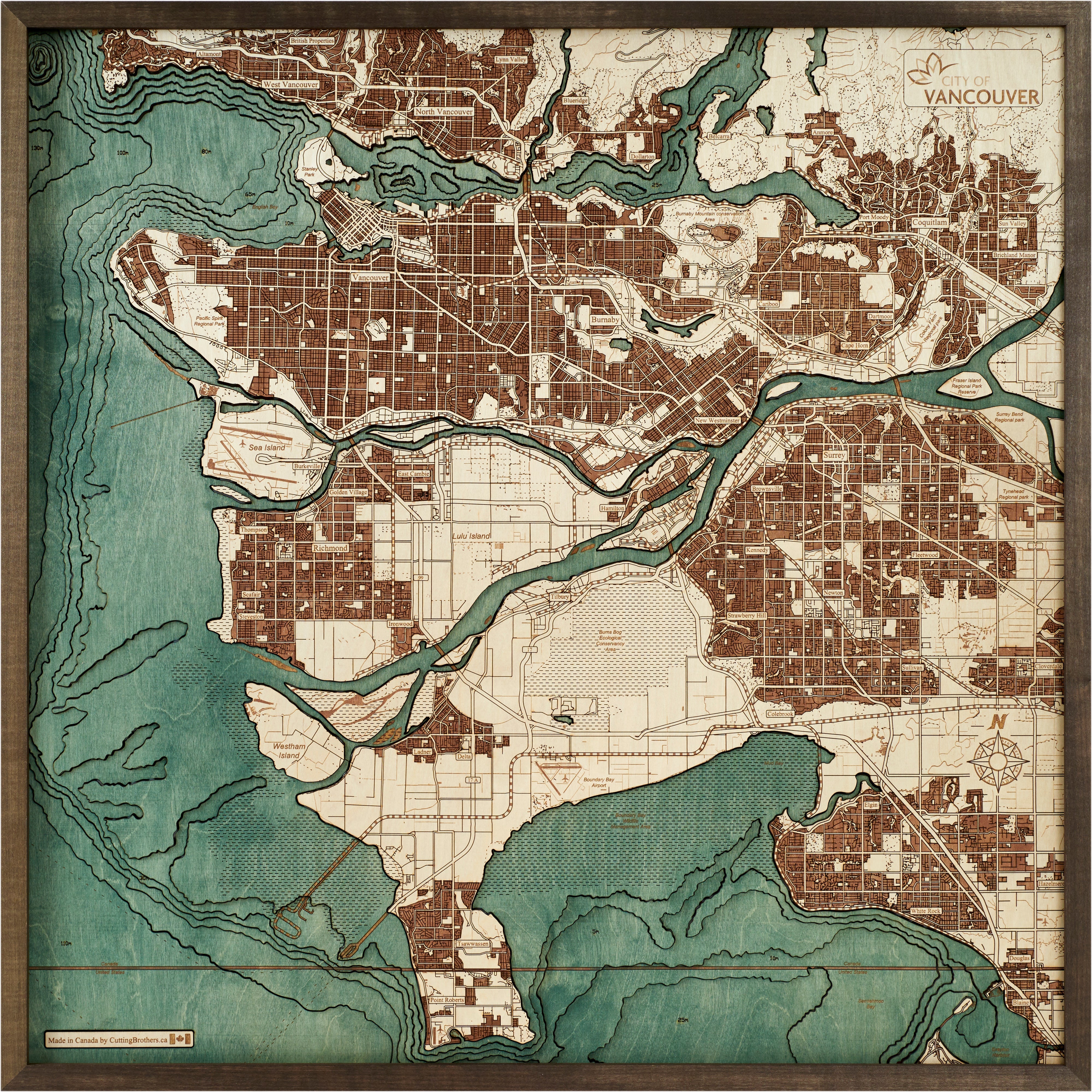 VANCOUVER 3D WOODEN WALL MAP - Version L