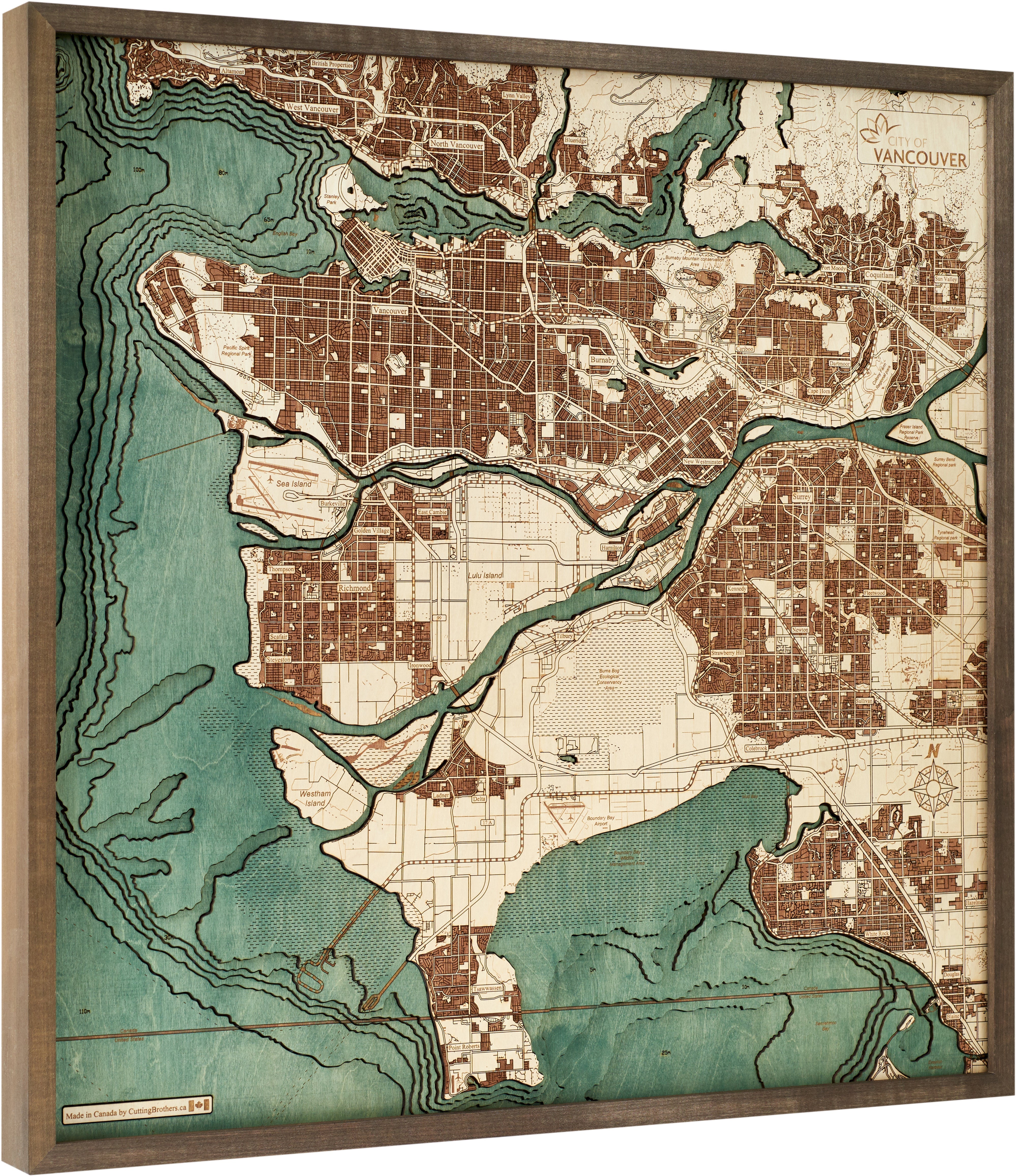 VANCOUVER 3D WOODEN WALL MAP - Version L